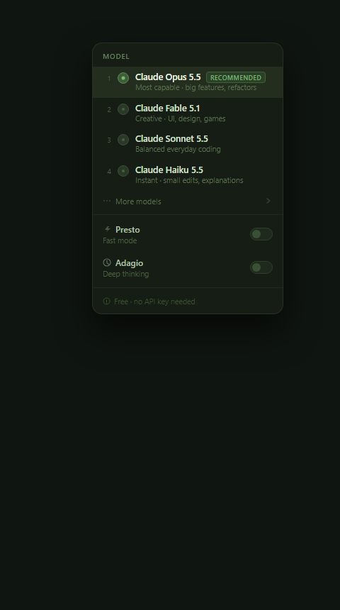 The model picker listing Claude Opus 5.5, Claude Fable 5.1, Claude Sonnet 5.5 and Claude Haiku 5.5, with Presto and Adagio toggles.