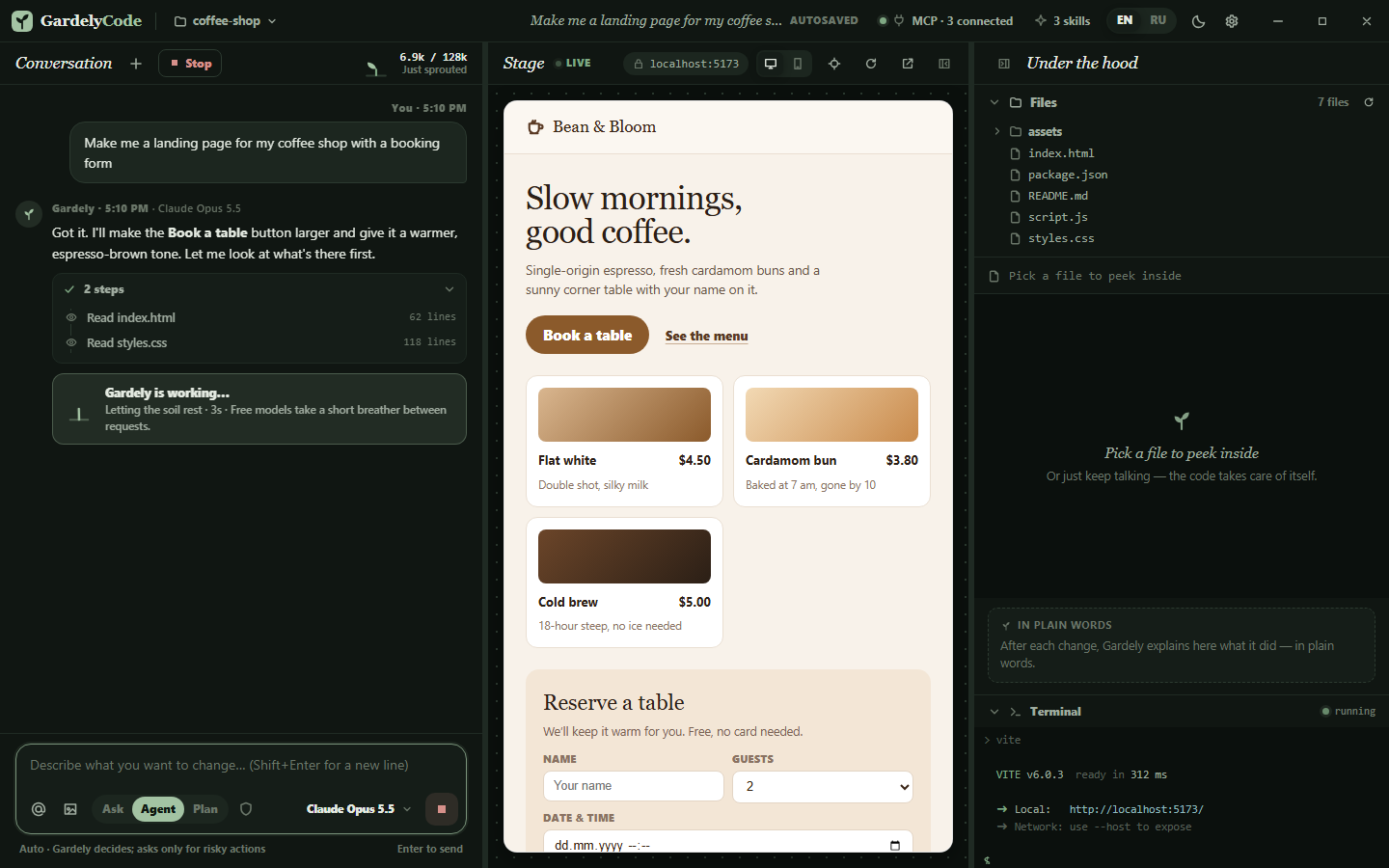 Gardely working: a list of steps taken and a note that the free model is taking a short breather.