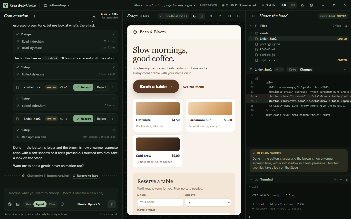 GardelyCode window: on the left a conversation with the Gardely agent showing edited files with Accept and Reject buttons, in the middle a live preview of a coffee-shop website, on the right the file tree, a diff in the code editor and a terminal.